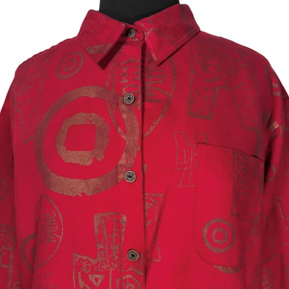 Chico’s Women’s 3 XL 16 Red Bronze Asian Symbol Faux Suede Button Up Artwear Top - Picture 4 of 9